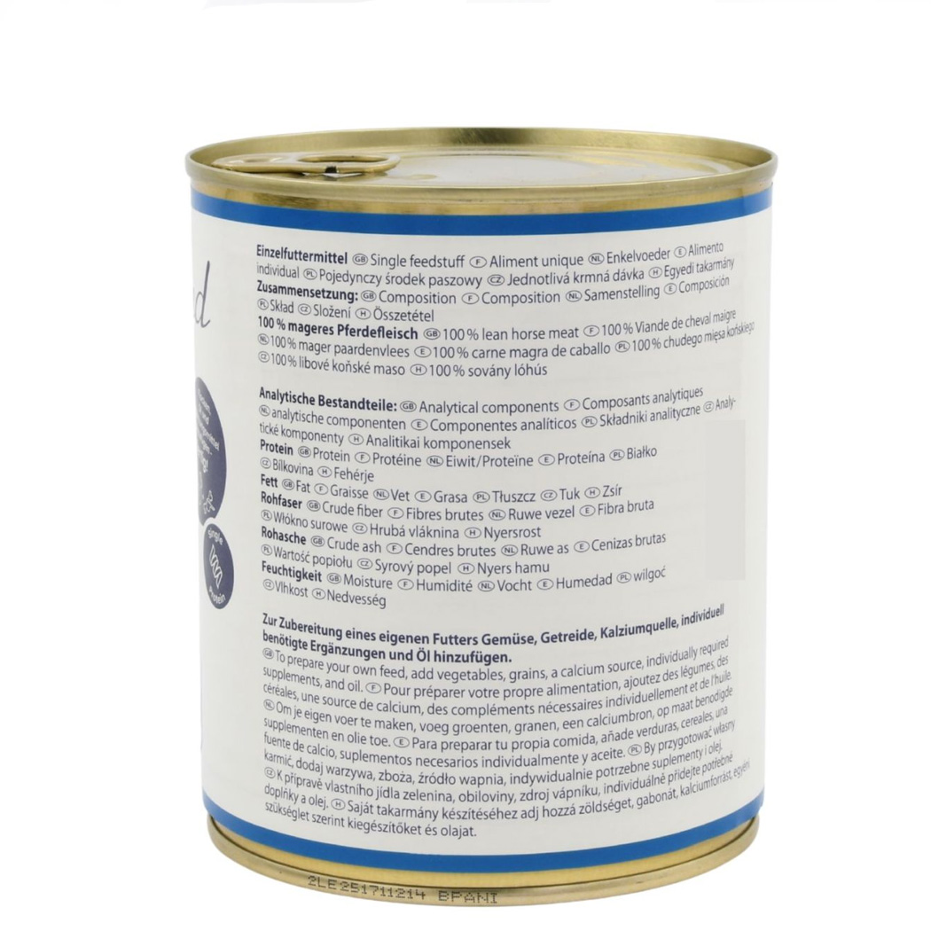 Pferdefutter, Nassfutter, Doseninhalt, Analytische Bestandteile, 100% Pferdefleisch, pferdefutter, tafelkonserve, futterdose, protein, meat-based