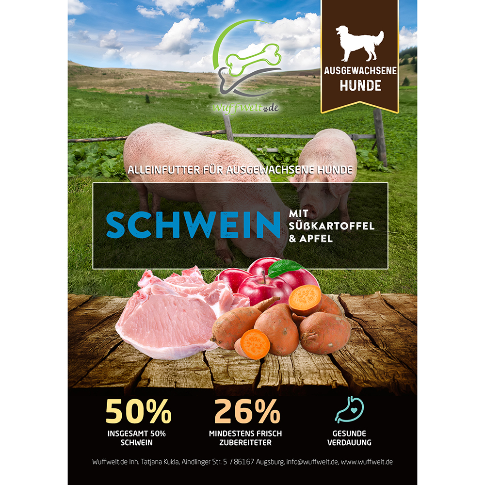 Schwein, Schweinefleisch, Süßkartoffel, Apfel, Fleischprodukt