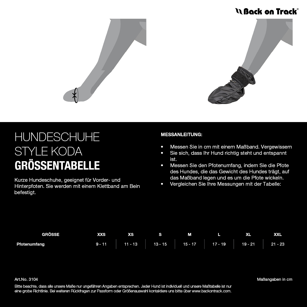 Hundeschuhe, Style Koda, Größentabelle, Pfotenumfang, Gummiert