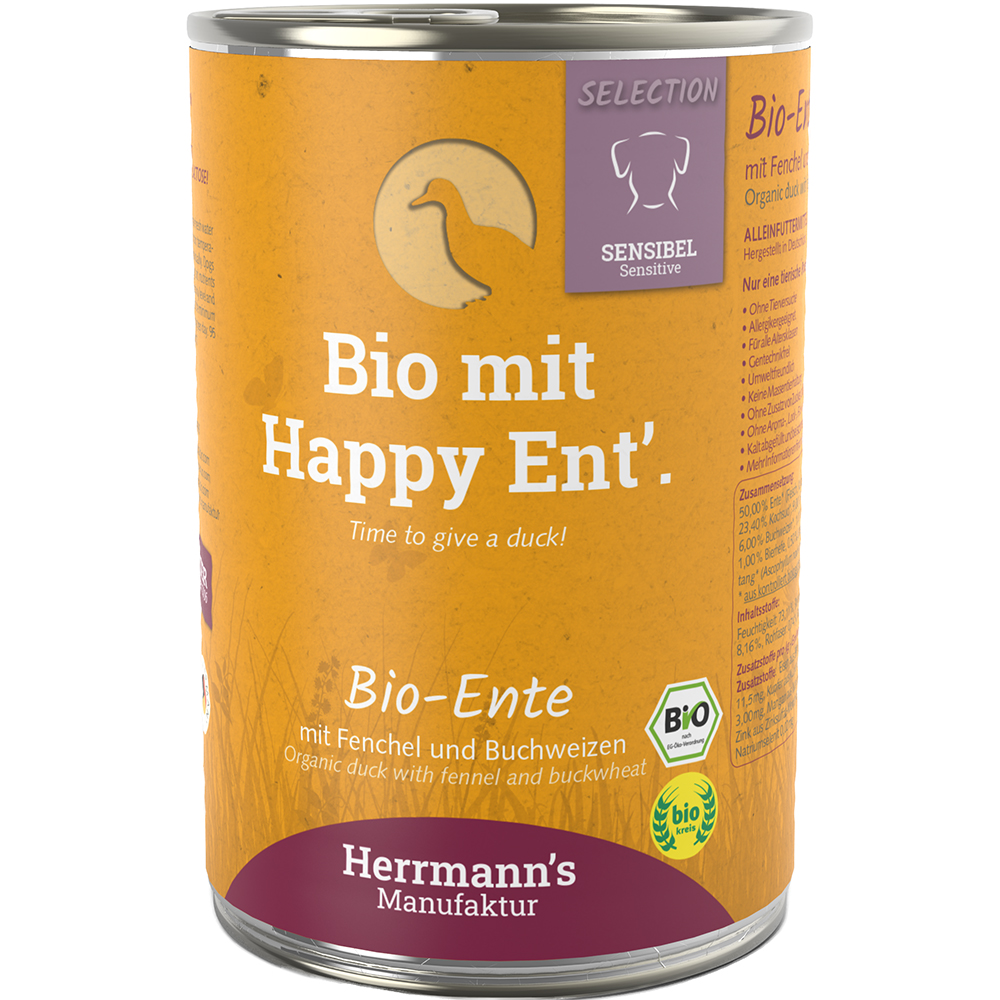 Herrmanns Bio Ente mit Fenchel und Buchweizen DE-ÖKO-001 - 400 oder 800g Zinn, Kann