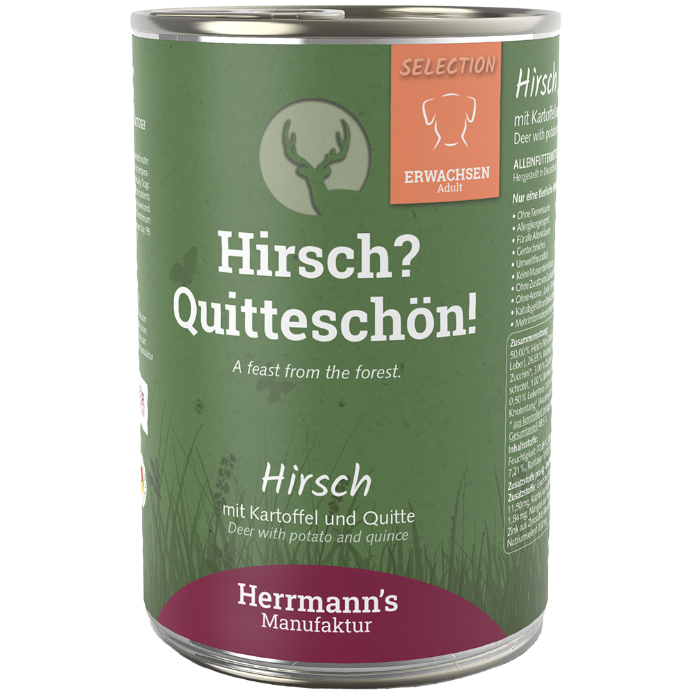 Hirschfleisch, Dosenfutter, Kartoffel, Quitte, Manufaktur