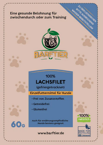 BARFTIER Lachsfilet gefriergetrocknete Leckerchen 60g Werbung, Plakat