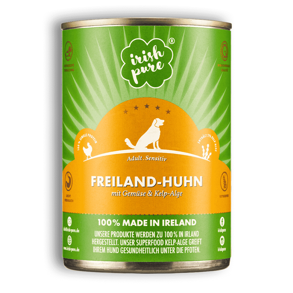 Irish Pure Nassfutter Freiland-Huhn Gemüse & Kelp-Alge 390g Zinn, Kann, Aluminium, Konserven, Lebensmittel