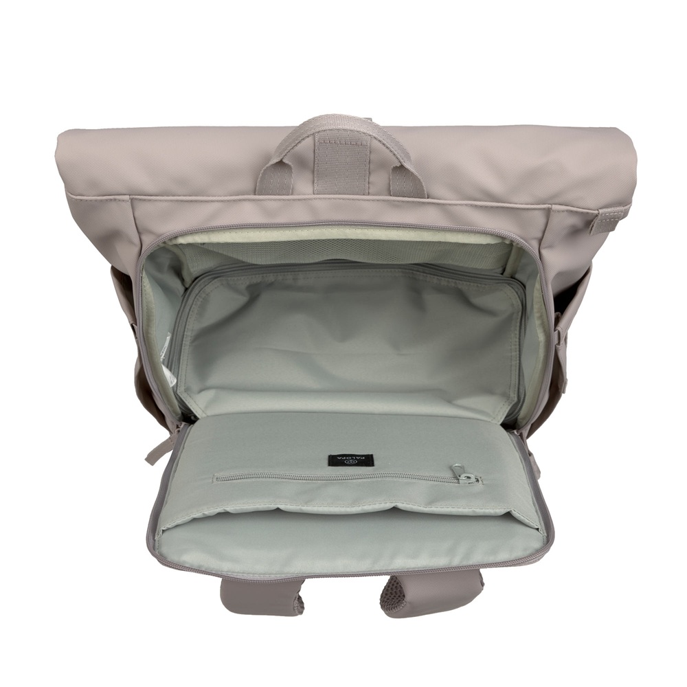 Rucksack, Rolltop-Verschluss, Reißverschlussfach, Textil, Graubeige