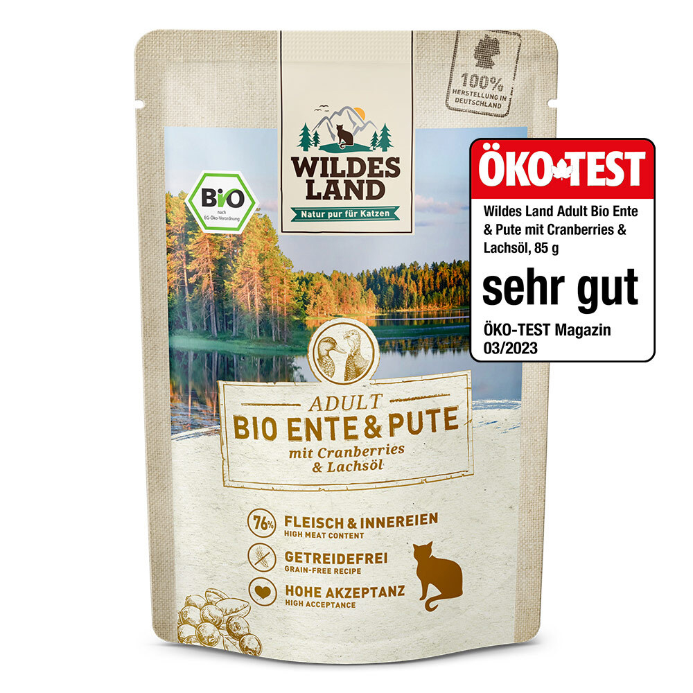 Wildes Land BIO Nassfutter Katze adult Ente u. Pute 85g DE-ÖKO-006