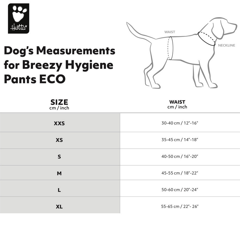 dog pants, hygiene pants, eco, measurements, waist chart