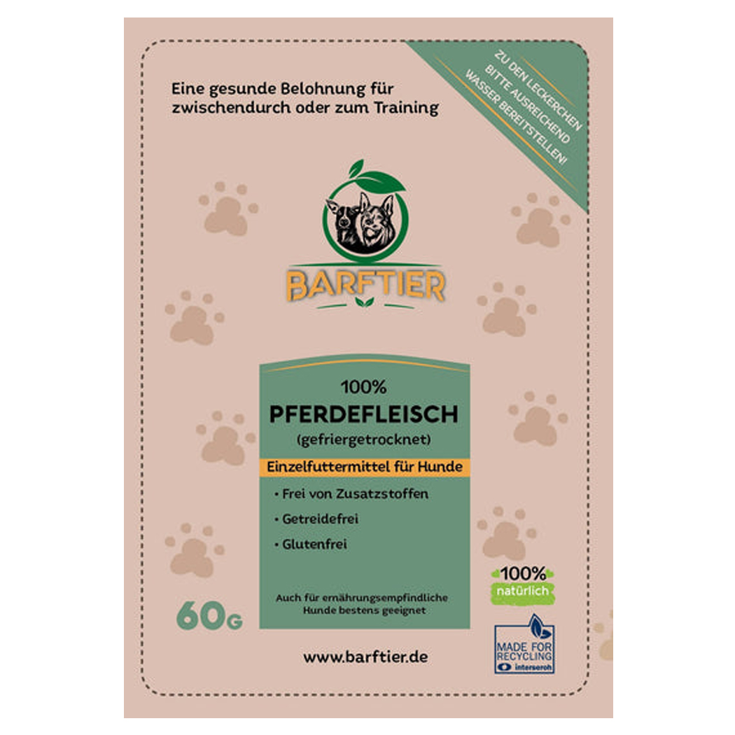 Pferdefleisch, Trockenfleisch, Hundesnack, Alleinfuttermittel, 60g