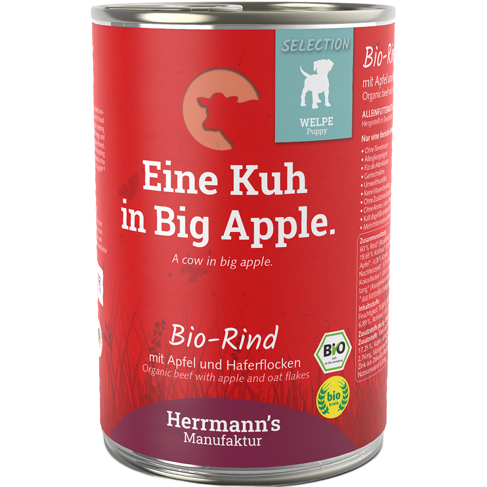 Bio-Rind, Hundeernährung, Happenfutter, Dosenverpackung, Apfel Haferflocken