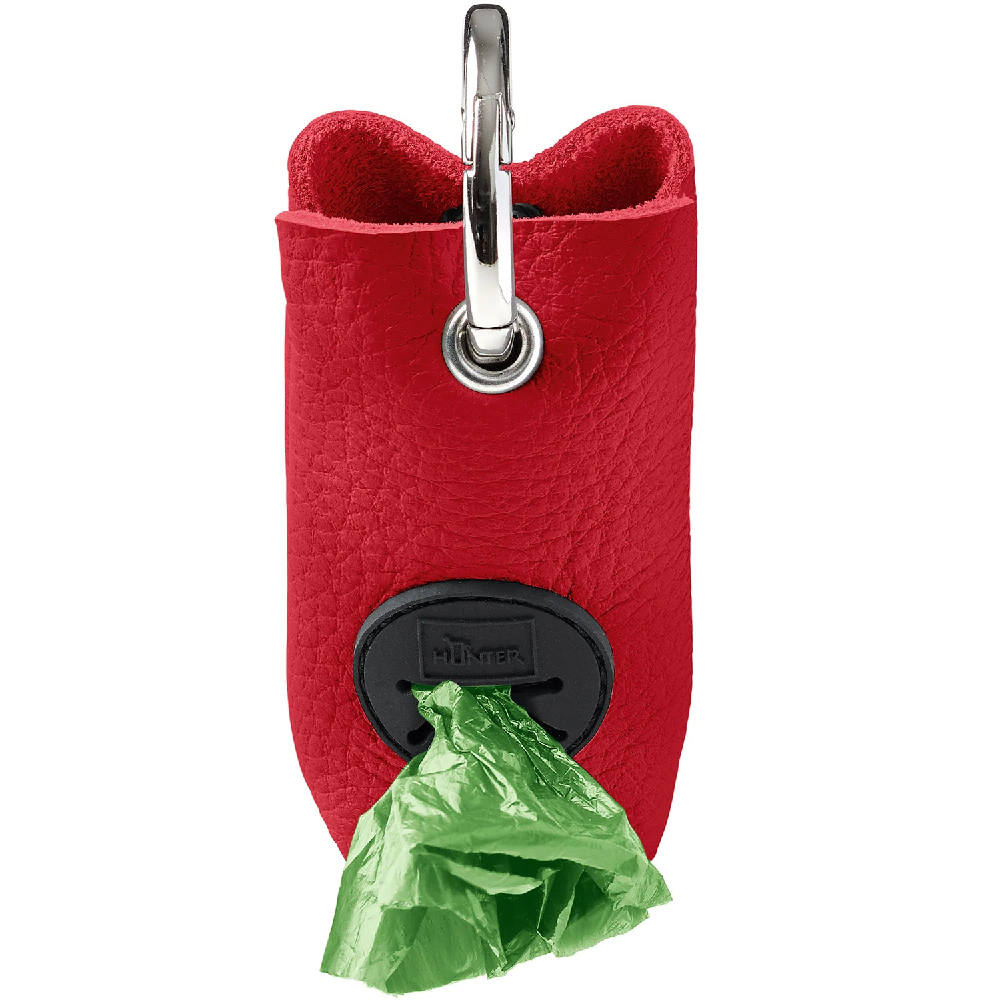 Schlüsselanhänger, Abfallbeutelspender, rote Leder, grüne Tüte, Clip-on