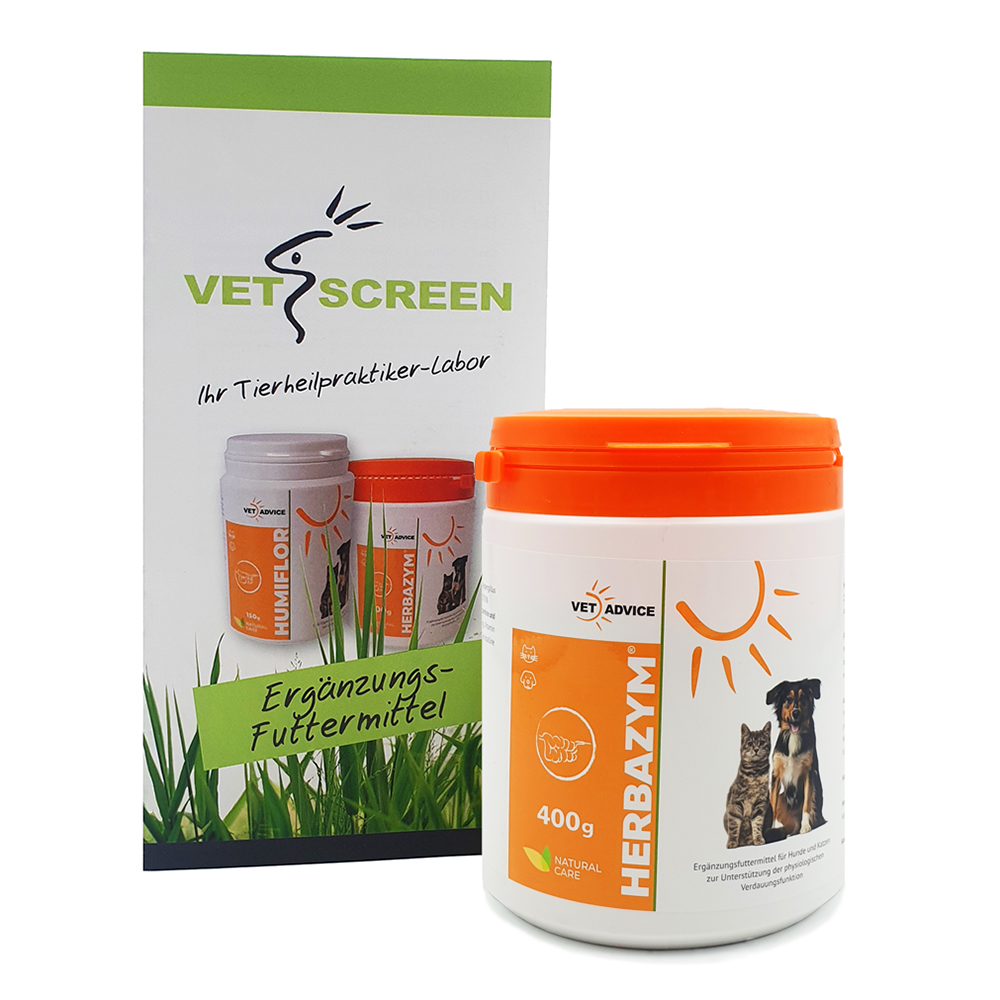 Vetscreen Herbazym für Hunde und Katzen 400g Kräuterig, Pflanze, Glas, Hund, Flasche
