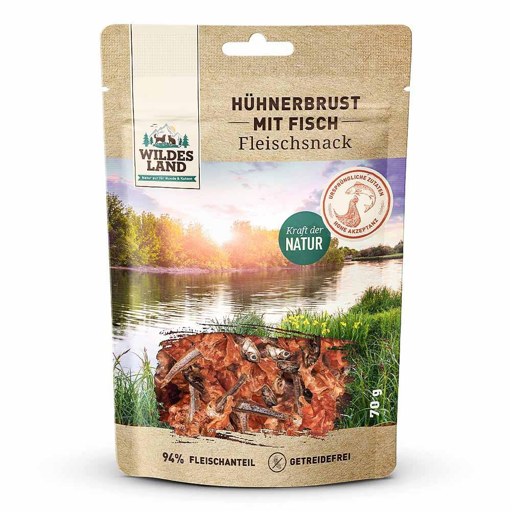Wildes Land Hühnerbrust mit Fisch 70g - Katze u. Hund Kräuterig, Kräuter, Pflanze
