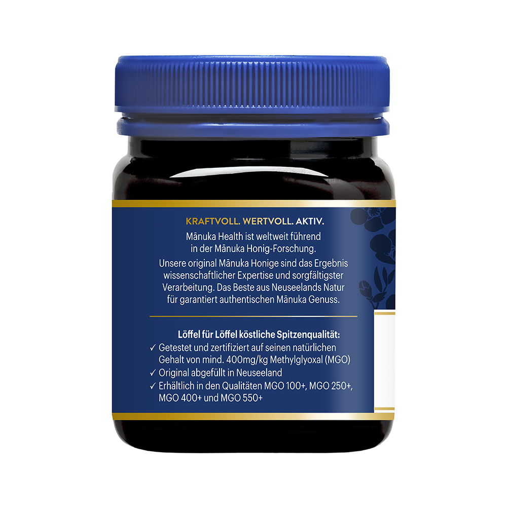 Manuka, Honig, Supplement, Glasdose, Blaues Etikett