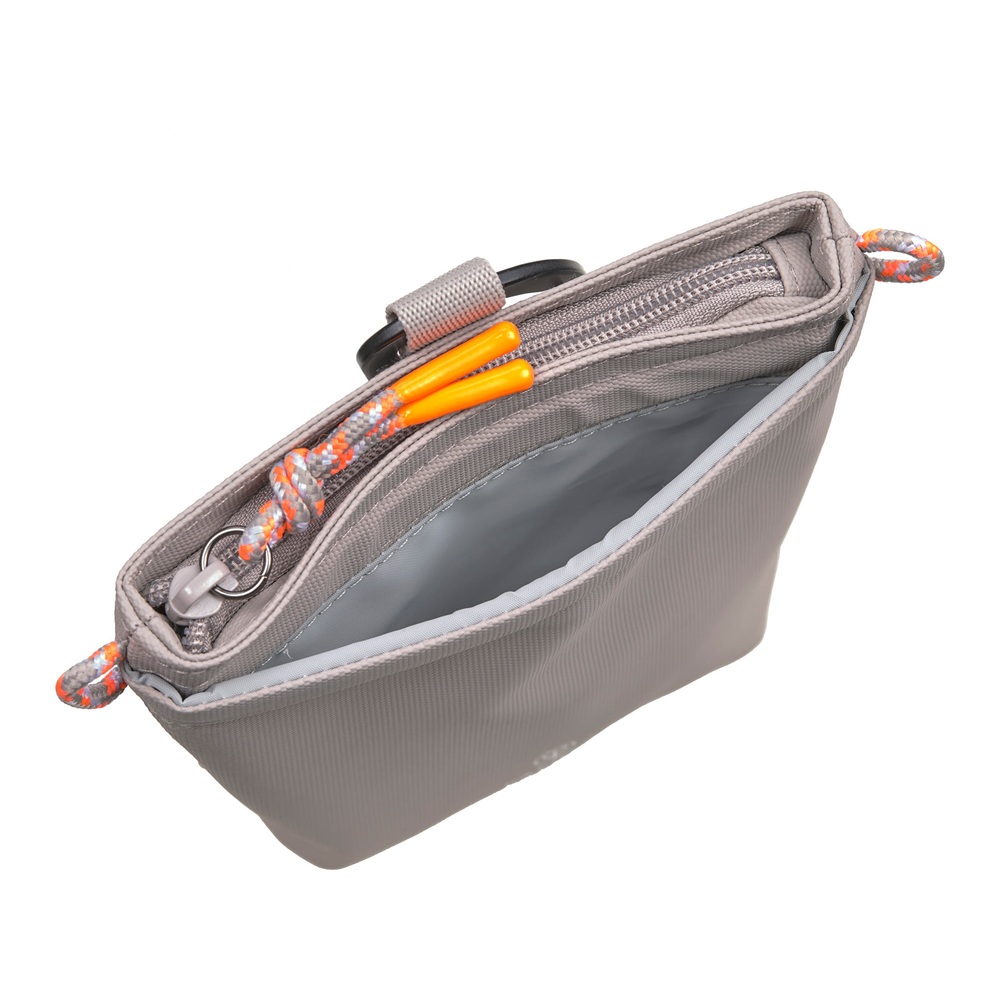 Taschenorganizer, graues Textil, Reißverschlussfach, orangefarbene Zipper, Innenfutter