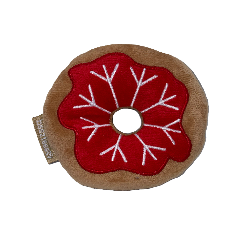 Plüschtier, Donutform, brauner Plüsch, rotes Blumenmotiv, besticktes Muster