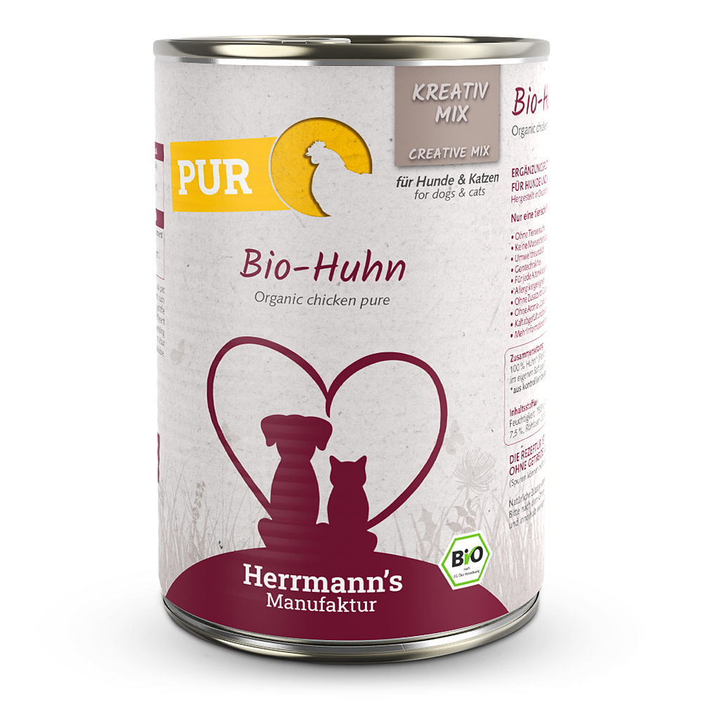 Bio-Huhn, Organic chicken, Dosenverpackung, Tiermotiv, Katzenstern
