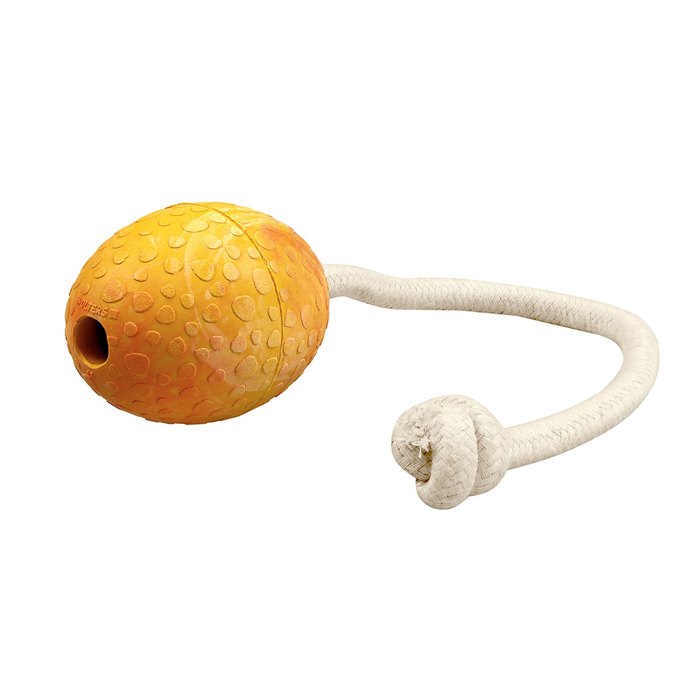 Kugelspielzeug, Köderkugel, Gummikugel, Schnur mit Knoten, Ball mit Loch