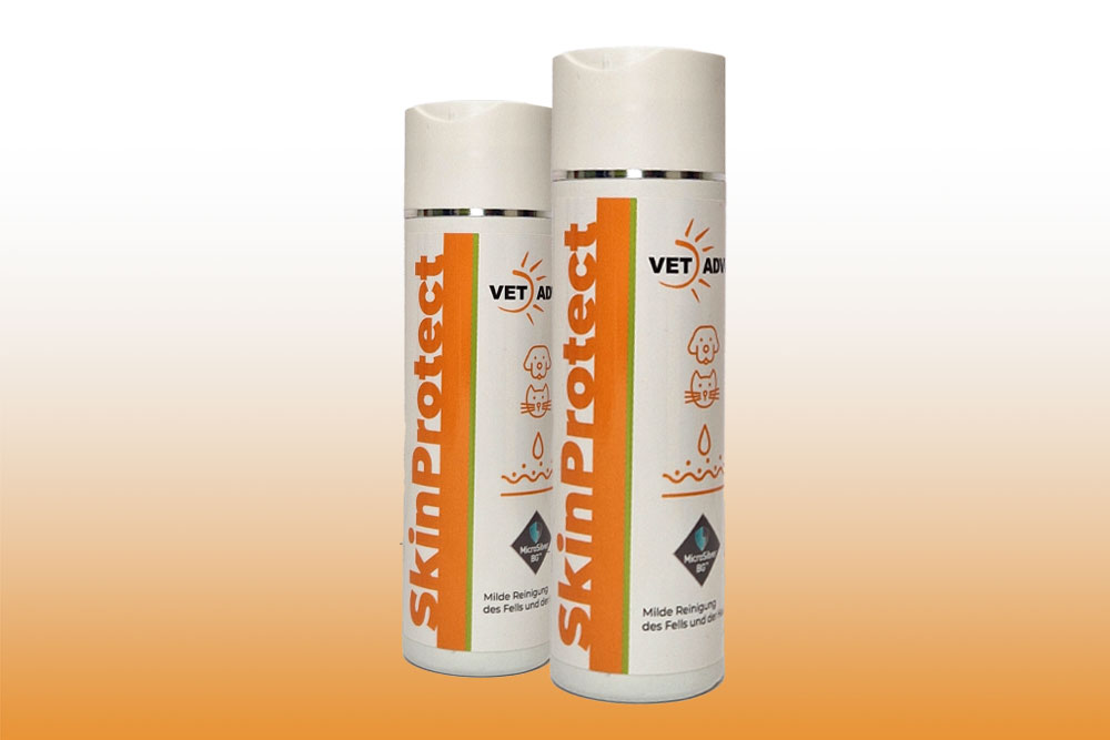 Hundefellpflege, Hautschutz, orangefarbige Etikette, Plastikflasche, Tierarztprodukt