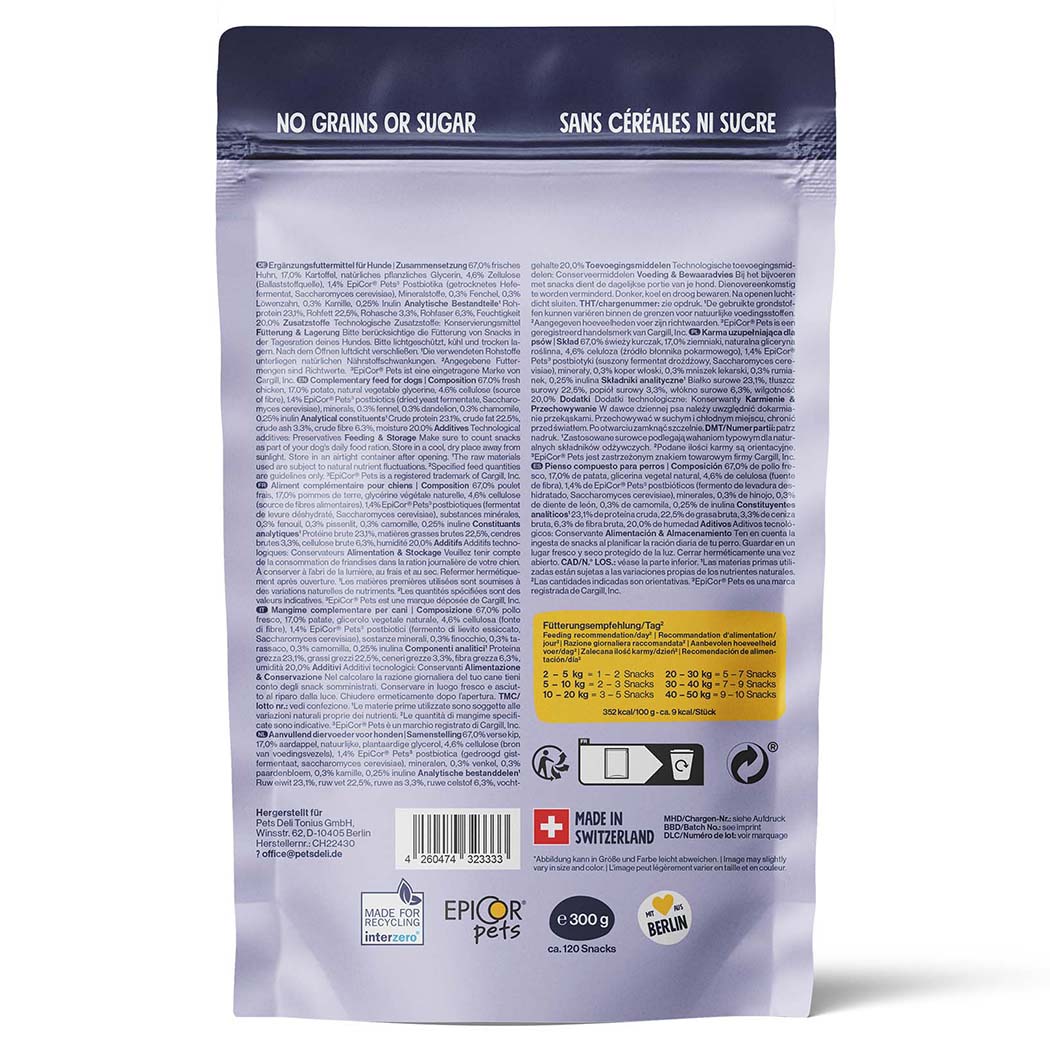 No Grains, Zuckerfrei, Hundensnack, Rückseite der Verpackung, Hergestellt in der Schweiz