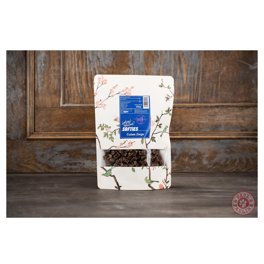 Schokoladenwürfel, Kauartikel, Softies, 250g, Verpackung mit Blumen