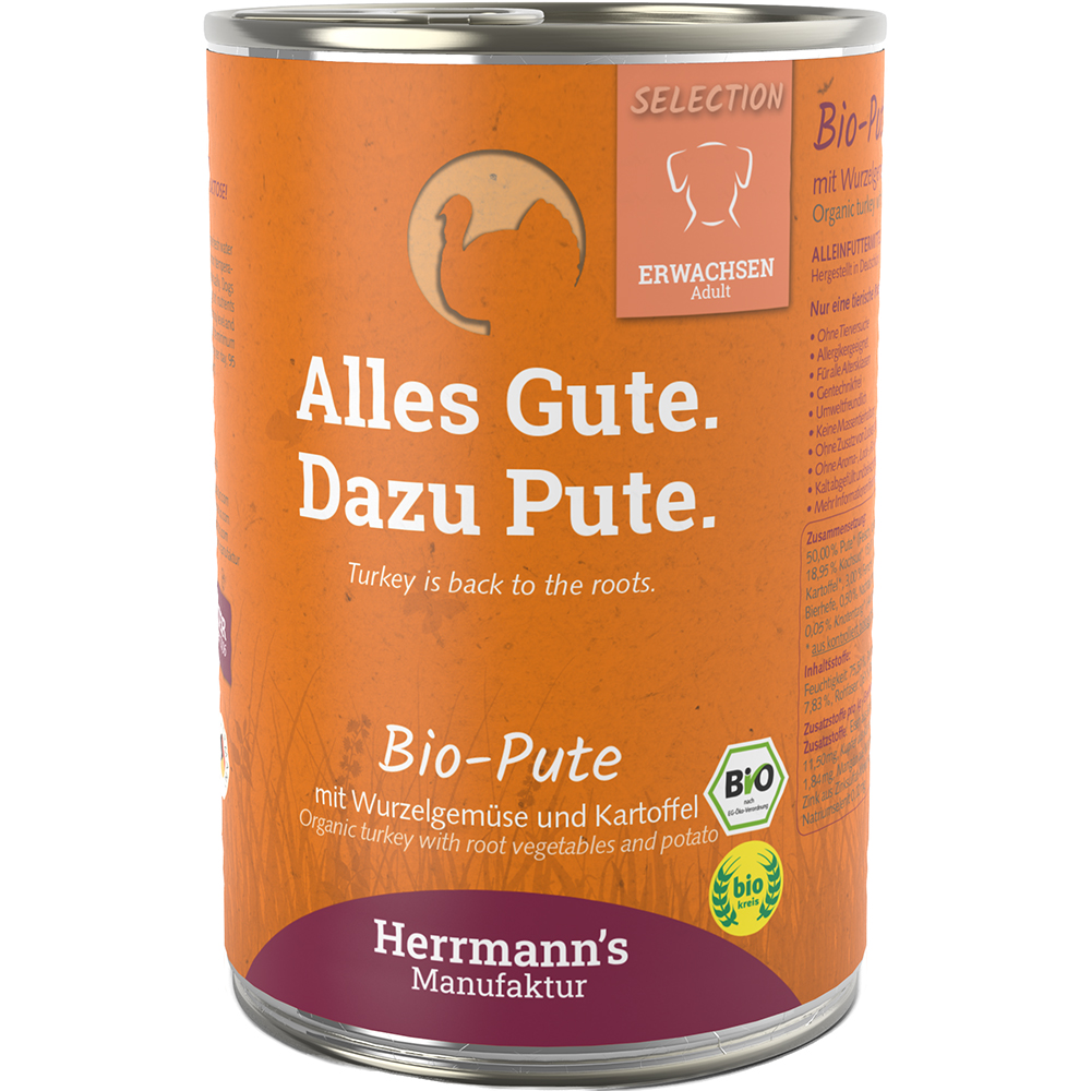 Herrmanns Bio Pute mit Rübe, Kartoffeln und Fenchel DE-ÖKO-001 - 400 oder 800g Zinn, Kann