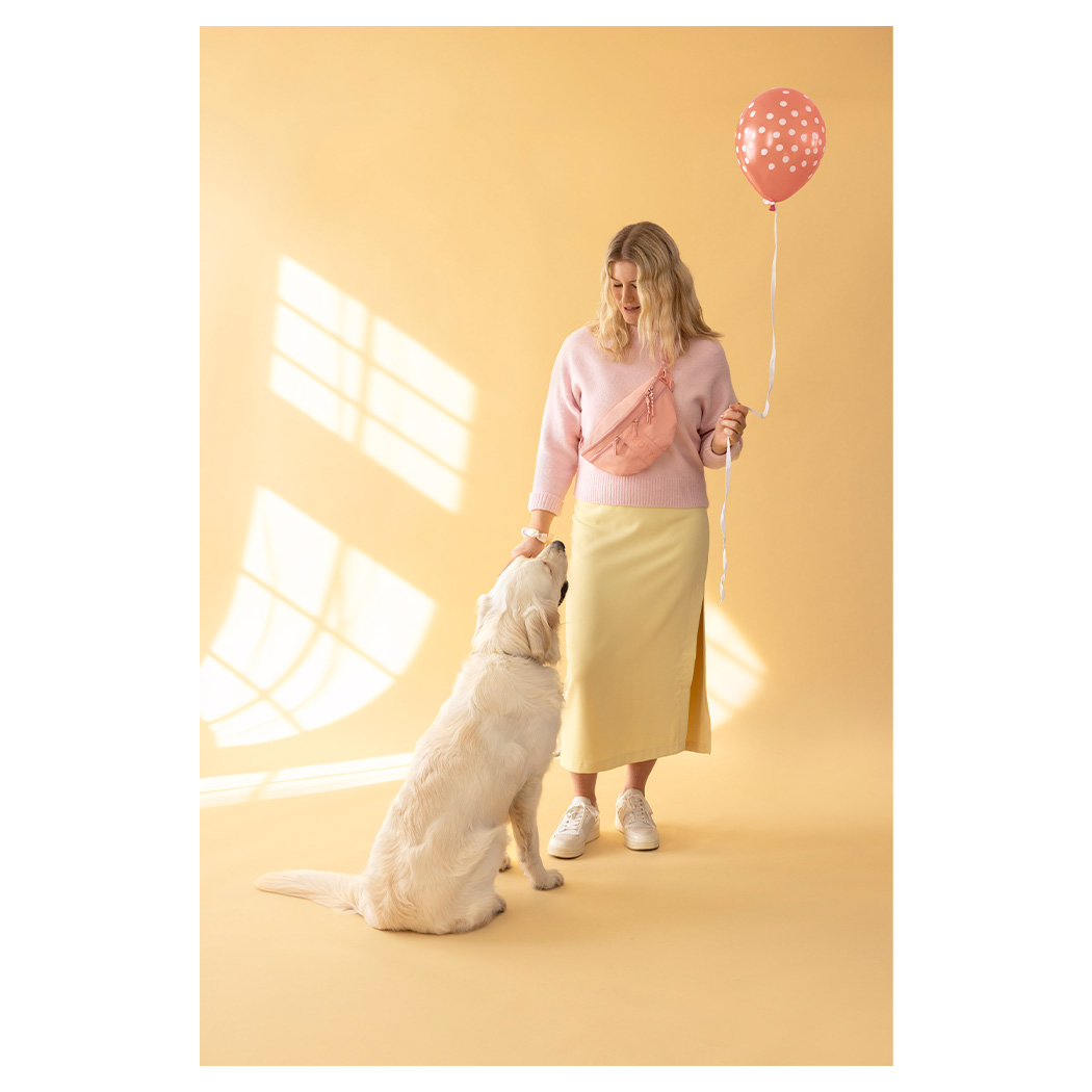 pinkes sweater, Kreuzbody-Tasche, gelber Rock, Ballon, Hund Begleiter