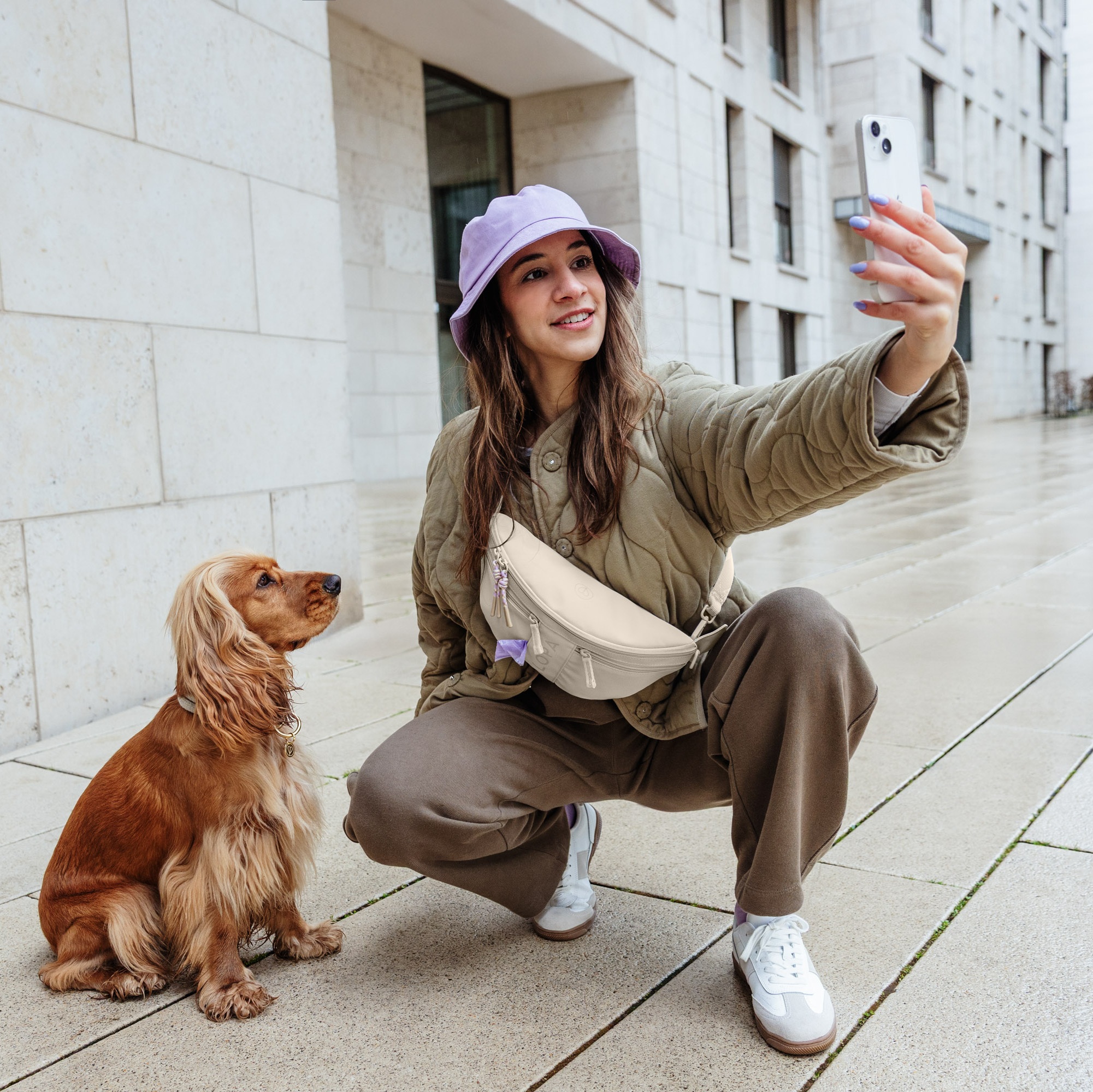 Haustier-Buddy, Selfie-Styl, Gürteltasche, Hose mit Lockeren, Pelz Hund