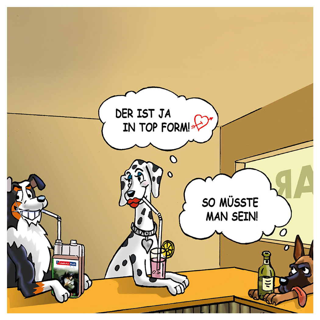 Dalmatian, Hund Cartoon, Getränk mit Strohhalm, Bar-Szene, Alkoholflasche