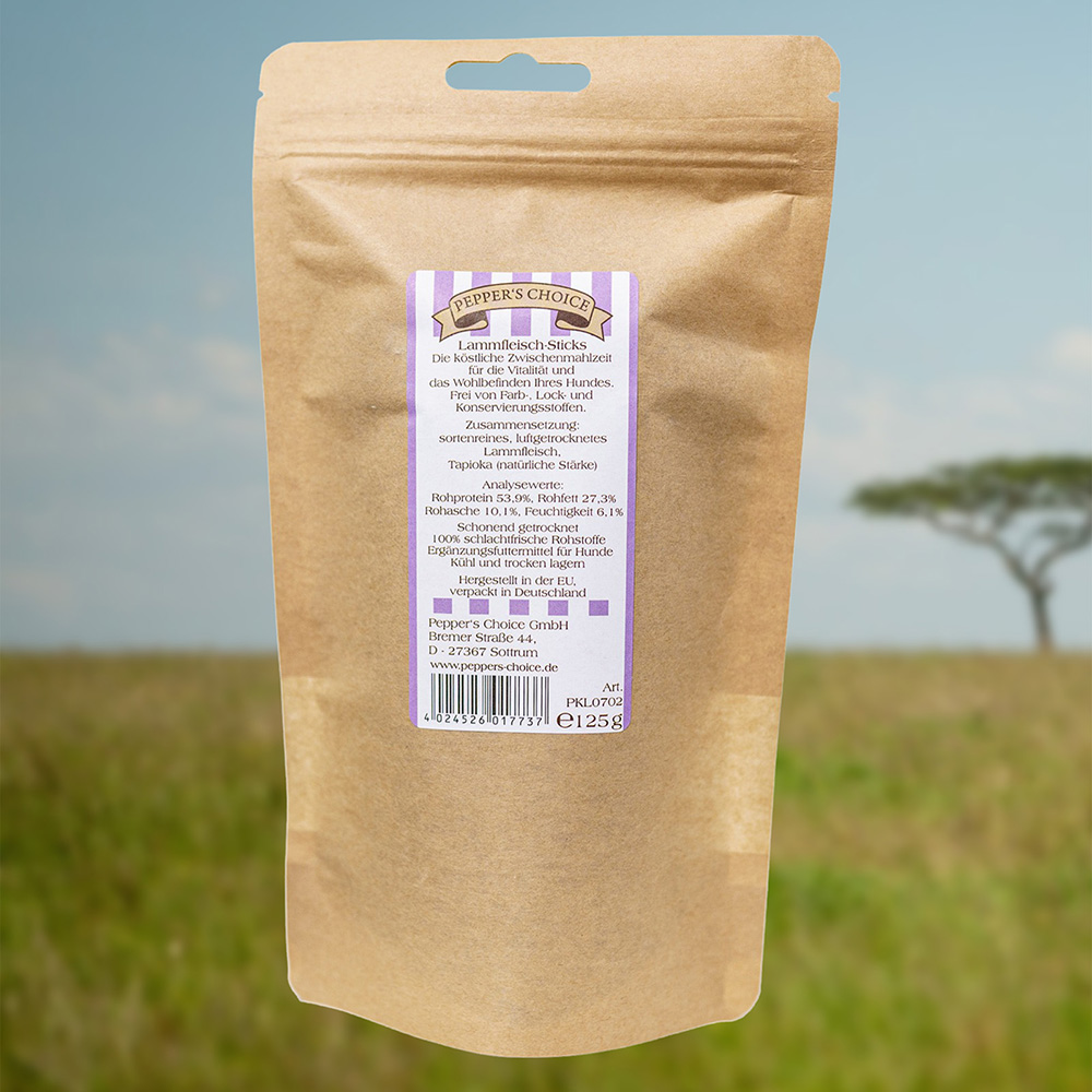 Kauartikel, Lammfleisch-Sticks, Tiernahrung, Beutelverpackung, Label mit Text