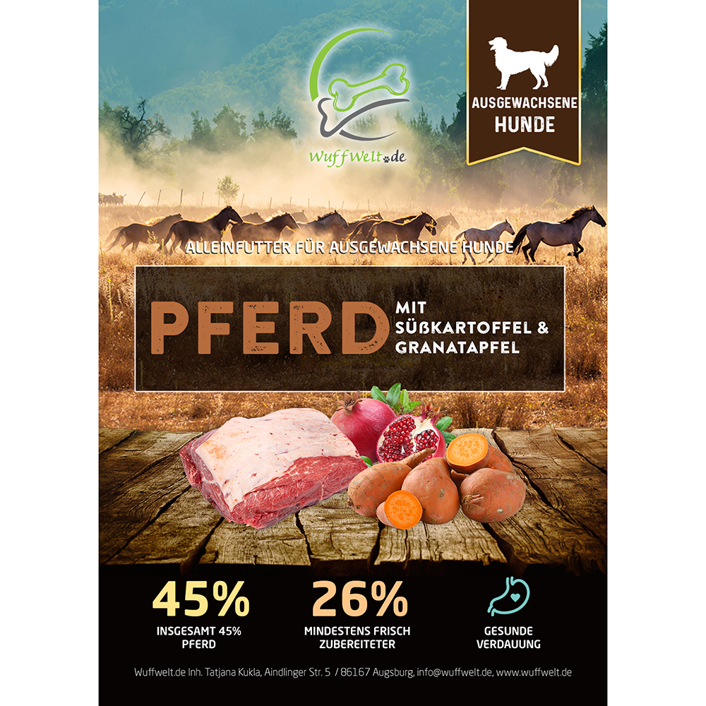 Pferd-Fleisch, Hundefutter, mit Süßkartoffel, Granatapfel, gesund