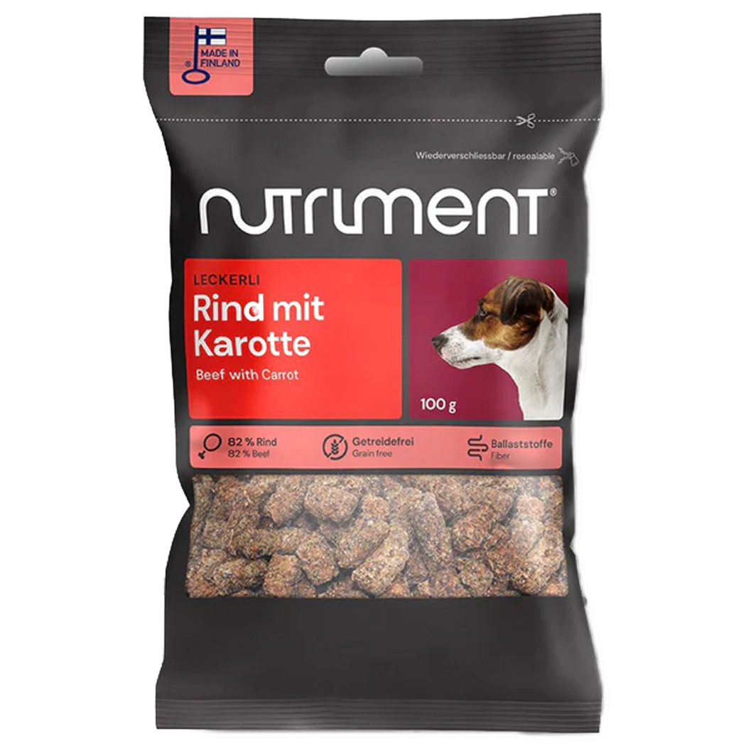 Beef treats, Beef with carrot, Hundesnack, Knusprige Stücke, 100 g