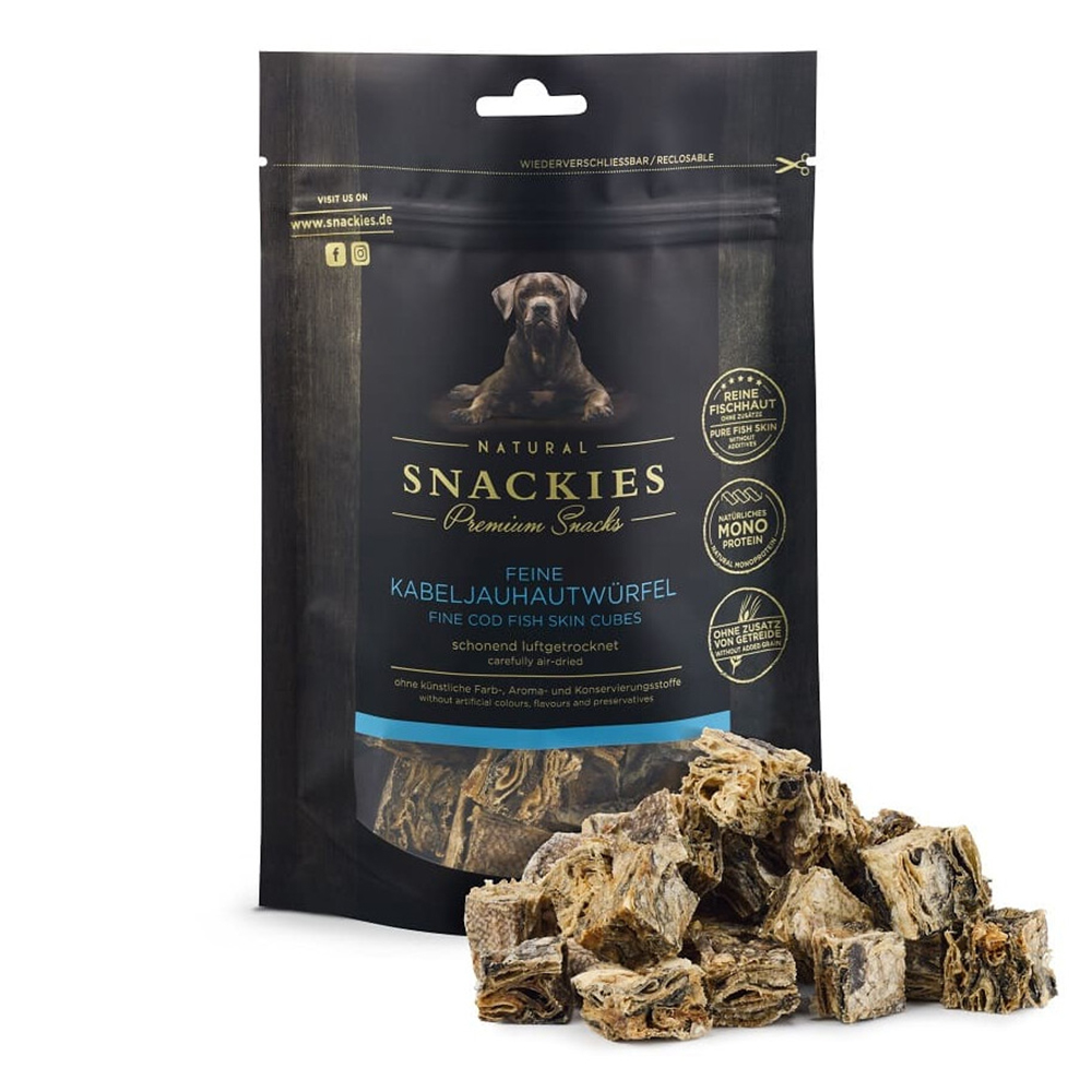 Snackies, Kabeljauhautwürfel, Kabeljauhaut, Kautier-Snack, Monoprotein