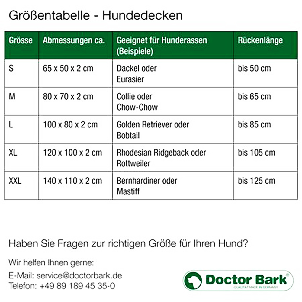 Hundedecke, Größentabelle, Schaalldecke, Tierdecke, Rückenlänge
