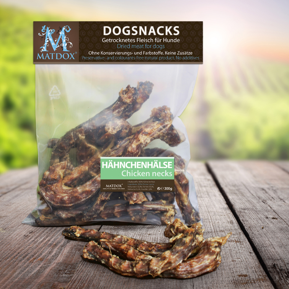 Hähnchenhälse, getrocknetes Fleisch, Hundesnacks, Knabbersnack, Beutelpackung
