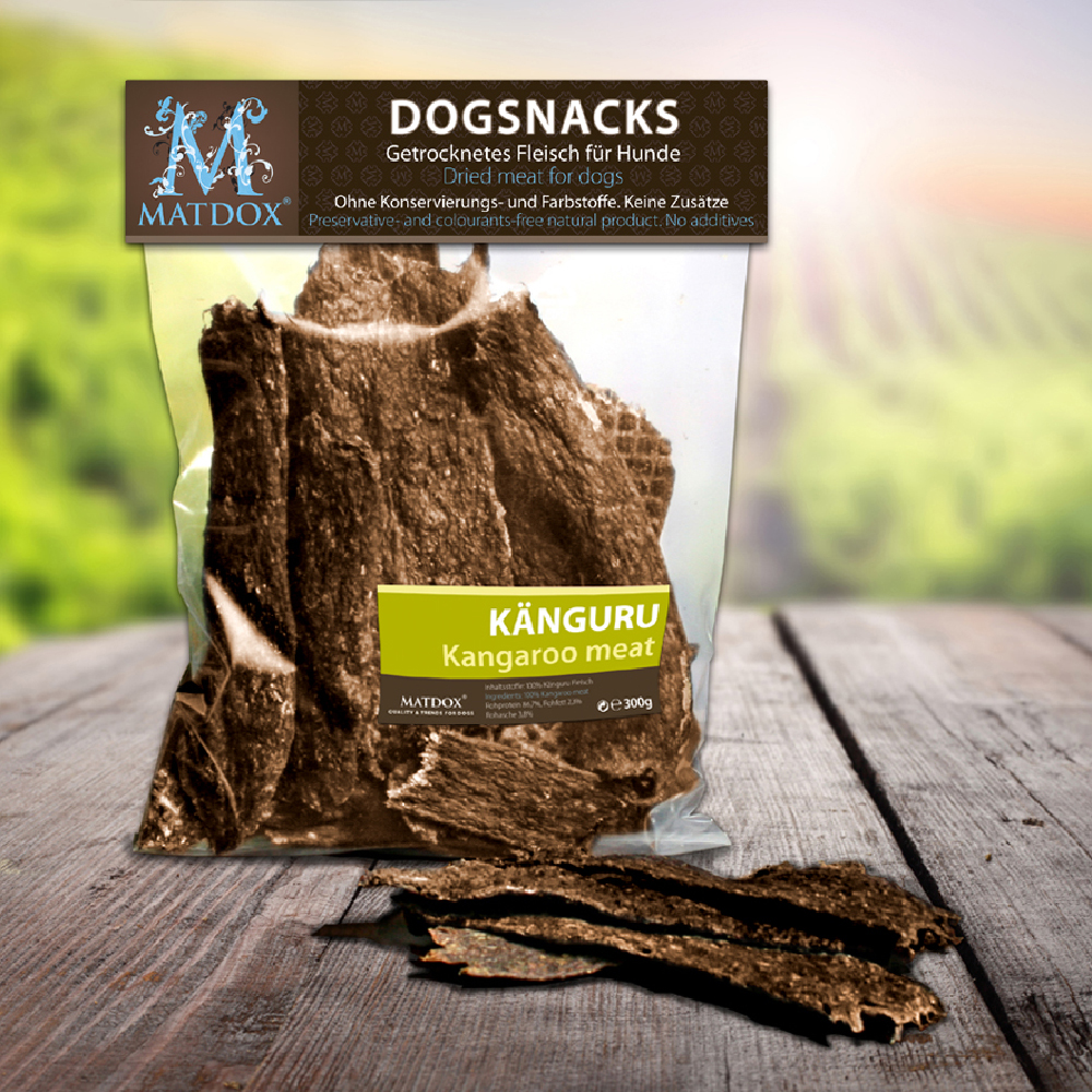 Matdox Hundesnack Big-Pack Känguru Magerfleisch 300g Beutel Werbung, Plakat, Pflanze, Baum, Boden