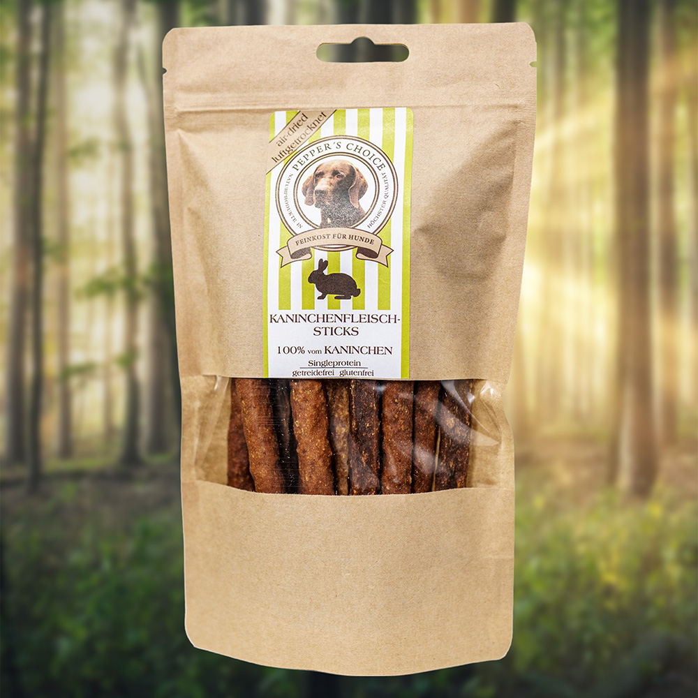 Hundesnacks, Kausnack, Kaninchenfleisch-Sticks, getreidefrei, glutenfrei
