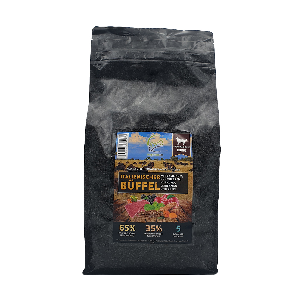 Wuffwelt Trockenfutter Italienischer Büffel in 2 und 6kg Puder, Tasche