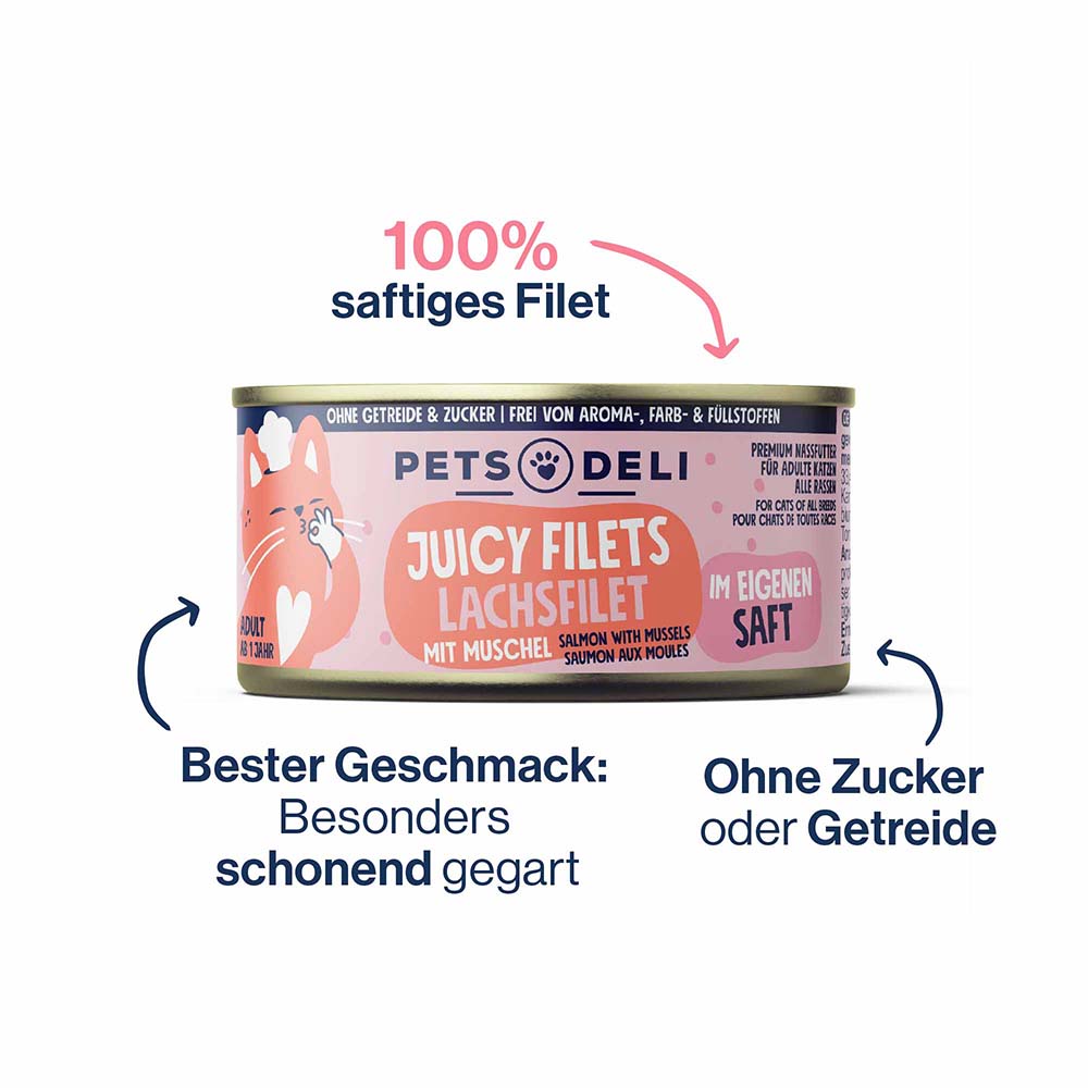 Dosenfutter, Thunfisch mit Muscheln, Lachsfilet, Saftiges Filet, Ohne Zucker