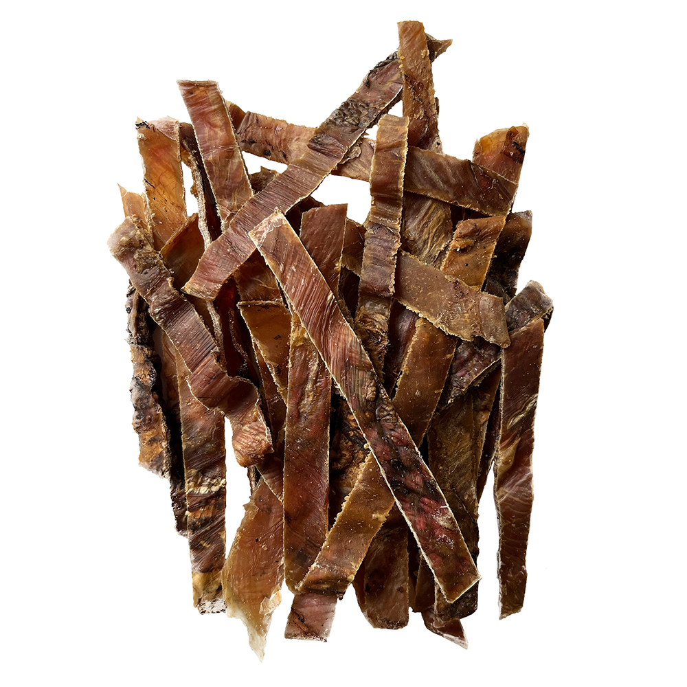 Rindfleischstreifen, Trockenfleisch, Snack, braun, hautig