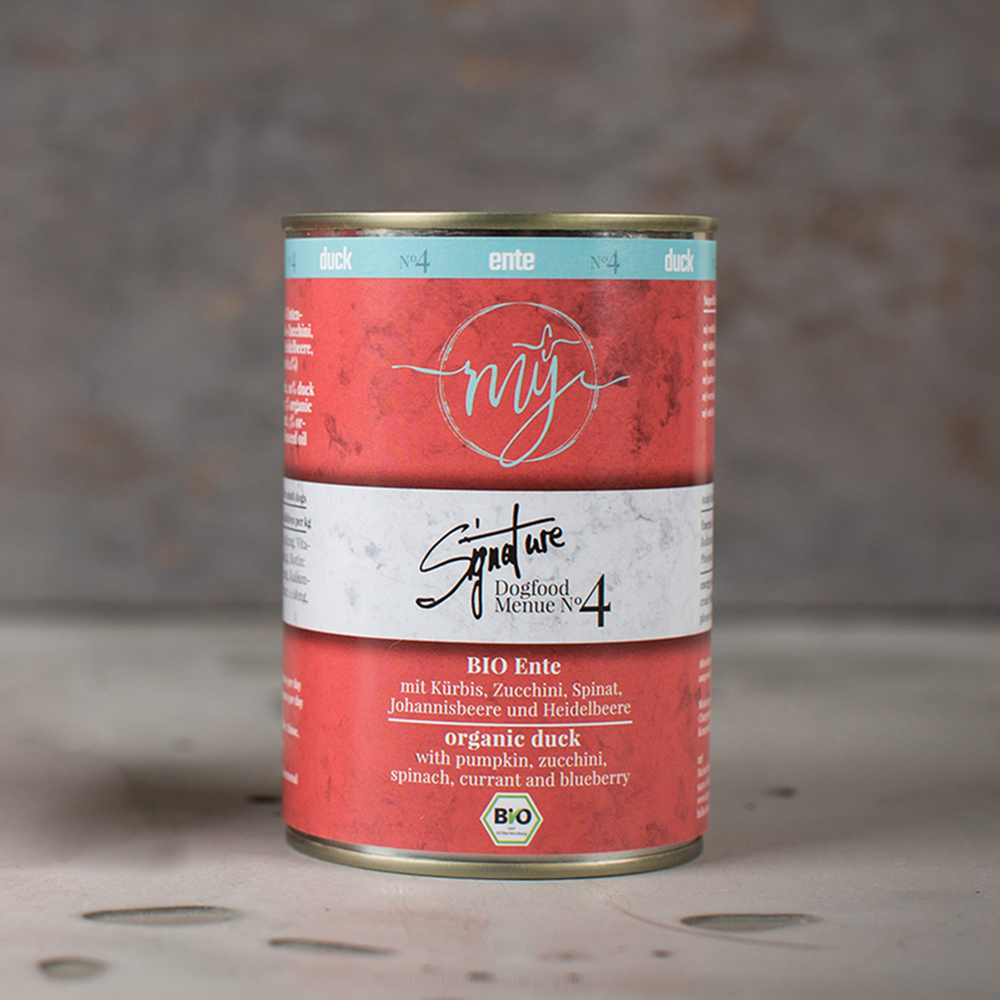 Dosenfutter, Bio, Ente, roter Etikett, glasierte Dose