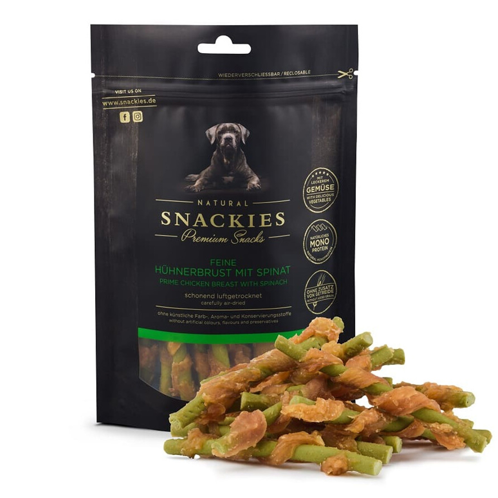 Hunde-Snack, Huhnbrust, mit-Spinat, Protein-Snack, Knabber-Sticks