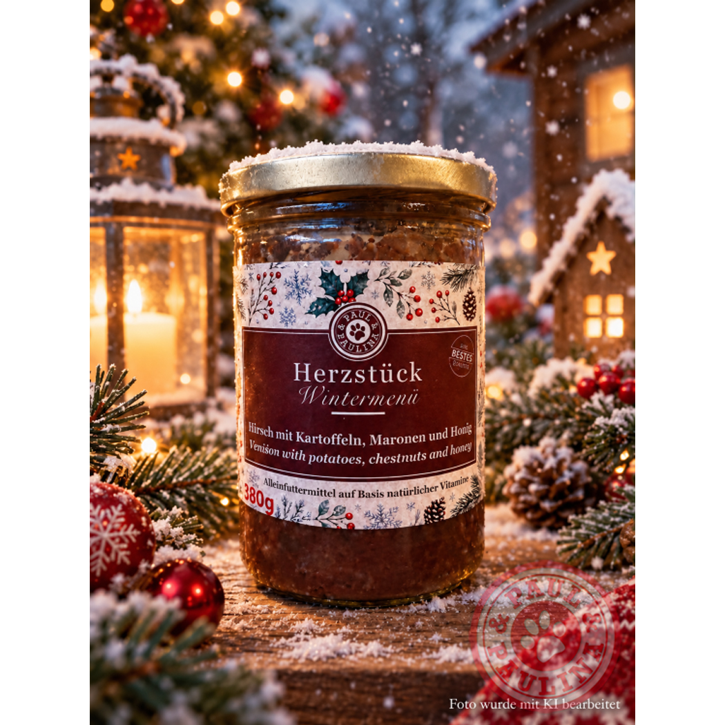 Hundefutter, Hirsch mit Kartoffeln, Wintermenü, Glas mit Schraubdeckel, 380 g