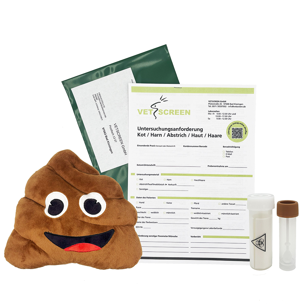 Kack-Emoji, Kack-Plüsch, Tierarzt-Set, Probenzylinder, Formblatt