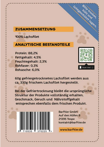 BARFTIER Lachsfilet gefriergetrocknete Leckerchen 60g