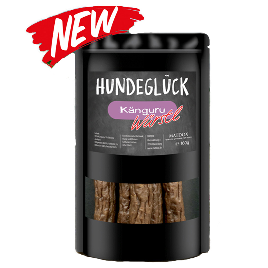 Hundeglück, Känguru Wurst, Schwarze Packung, Getrocknete Fleischleckerei, Neues Produkt