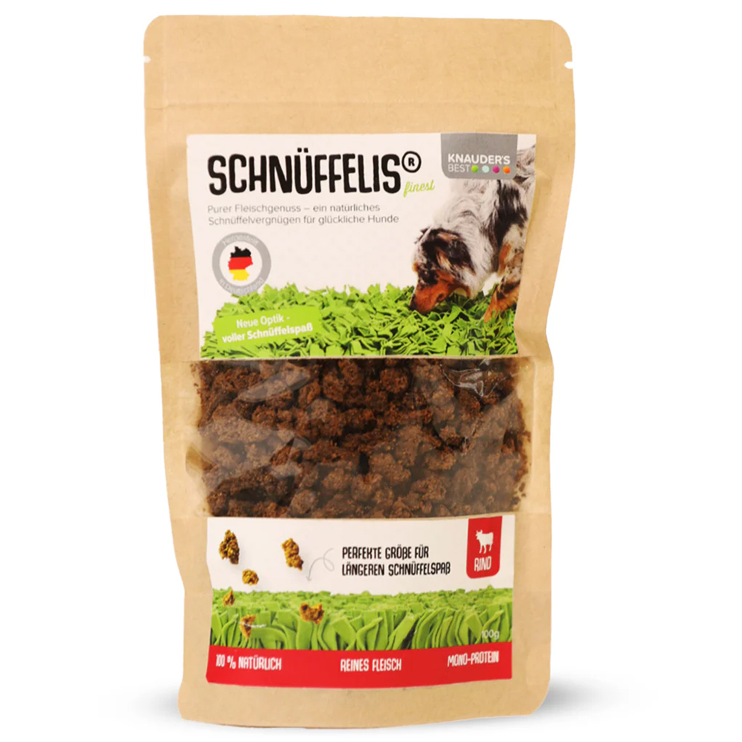 Hundesnacks, Schnüffelsnack, Fleischstücke, Trockenfutter, Beutelverpackung