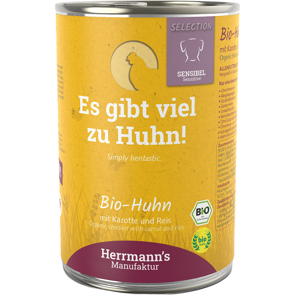 Bio-Huhn, Hühnerfutter, Karotte, Reis, Dosenfutter