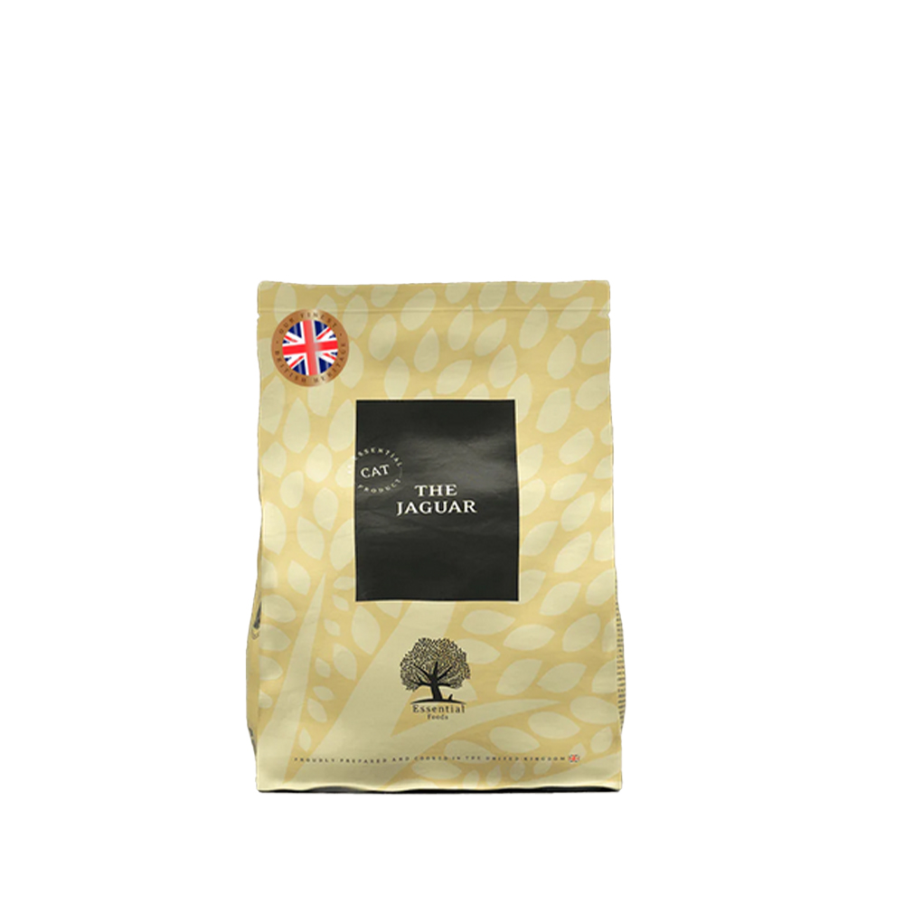 Katzenfutter, Jaguar, Trockenfutter, Beutel, schwarzes Etikett