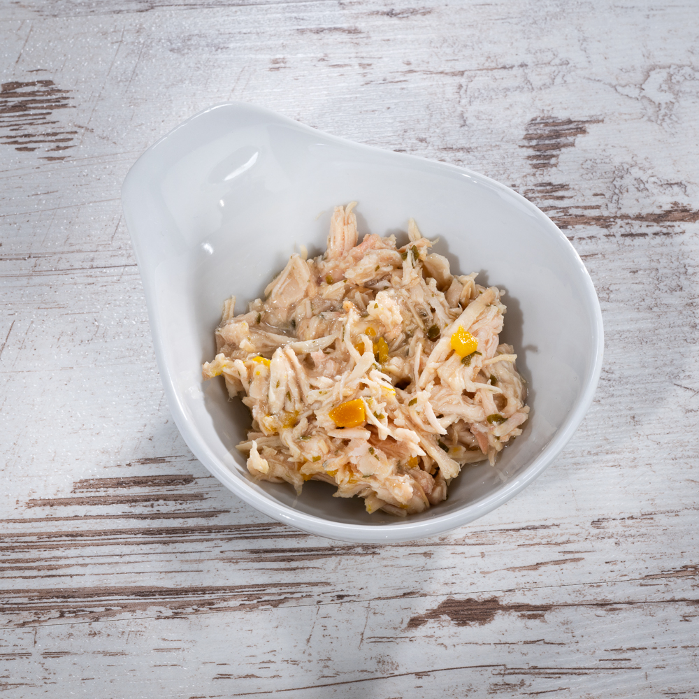 Hähnchen, Zerzupftes Hähnchen, Gemüse, Fisch?, Pastetensalat