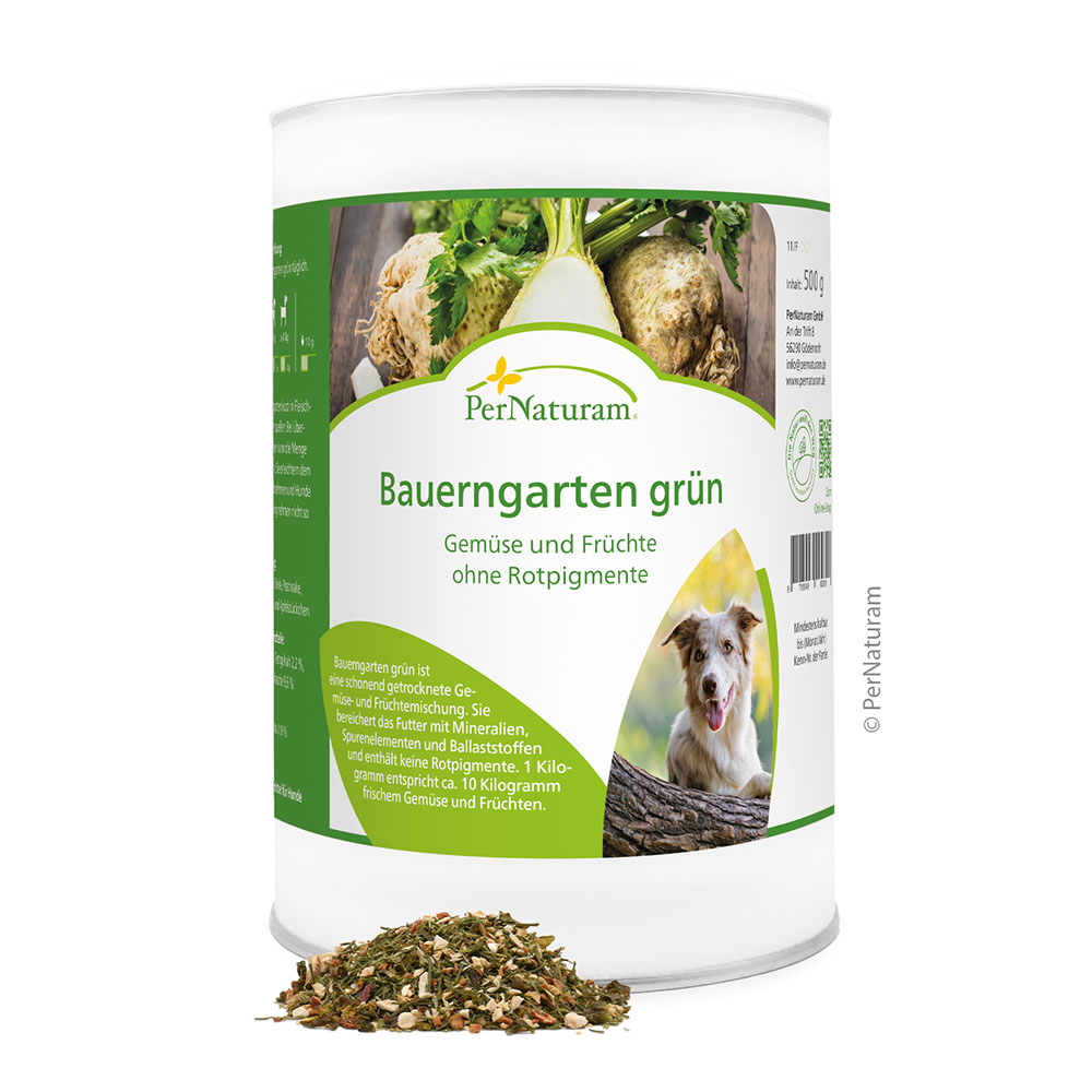 Bauerngarten grün, Gemüse und Früchte, ohne Rotpigmente, Tierfutter, Getreidefreies Futter