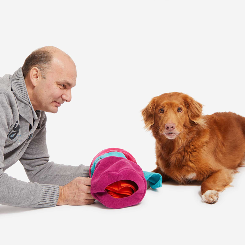 männer, hund, spielzeug, haustier spielzeug, textiltunnel